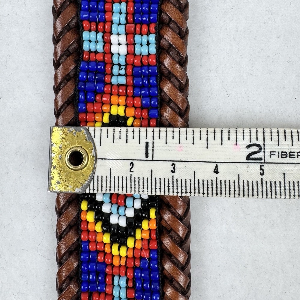Vintage 90's South Western Beaded Brown Leather Belt 37.5" Native American Aztec - Picture 12 of 13